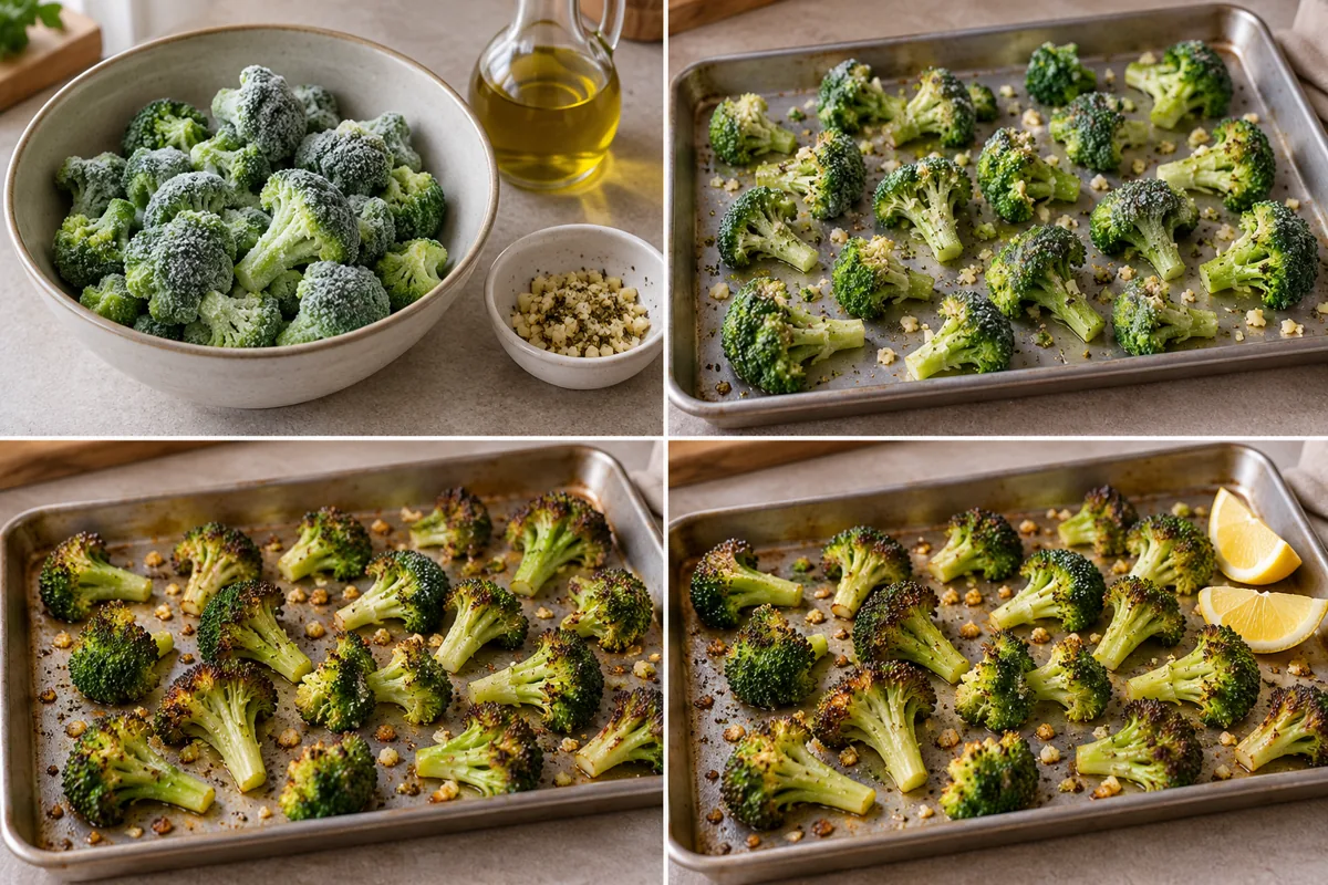 Four-stage preparation illustration for Roasted Frozen Broccoli with Lemon and Garlic