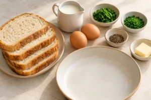 Two eggs, bread, milk, parsley, chives and butter beside a shallow dipping dish