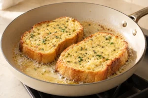 Two herb French toast slices cooking gently in butter