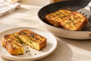 Golden French toast with a cut slice showing the set center