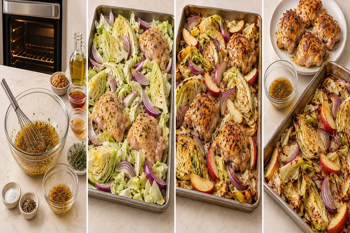 AI-illustrated preparation stages for Sheet-Pan Chicken with Cabbage and Apples