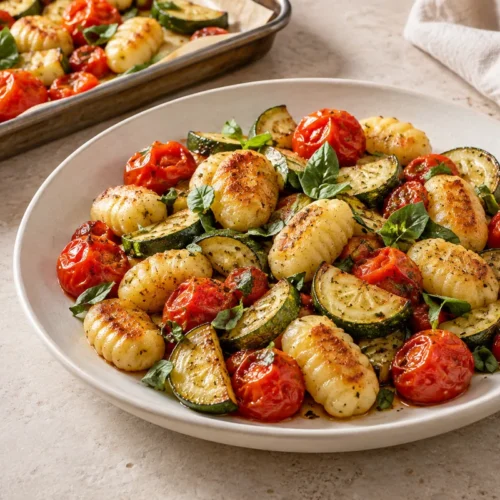 Roasted gnocchi with zucchini, cherry tomatoes and basil on an ivory plate