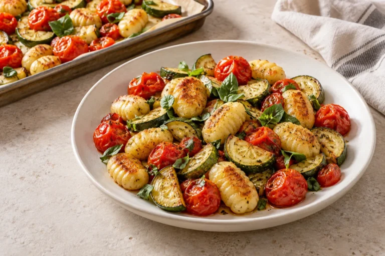 Roasted gnocchi with zucchini, cherry tomatoes and basil on an ivory plate