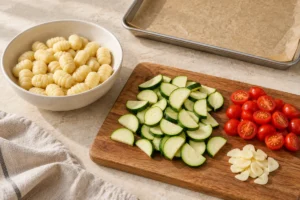 Gnocchi, zucchini half-moons, halved cherry tomatoes and sliced garlic prepared before roasting