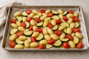 Uncooked gnocchi, zucchini, tomatoes and sliced garlic spread in one layer on a tray