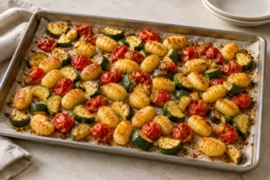 Golden gnocchi with tender zucchini and roasted tomatoes before adding basil