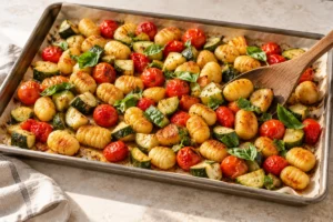 Fresh basil folded into roasted gnocchi, zucchini and cherry tomatoes on a baking tray