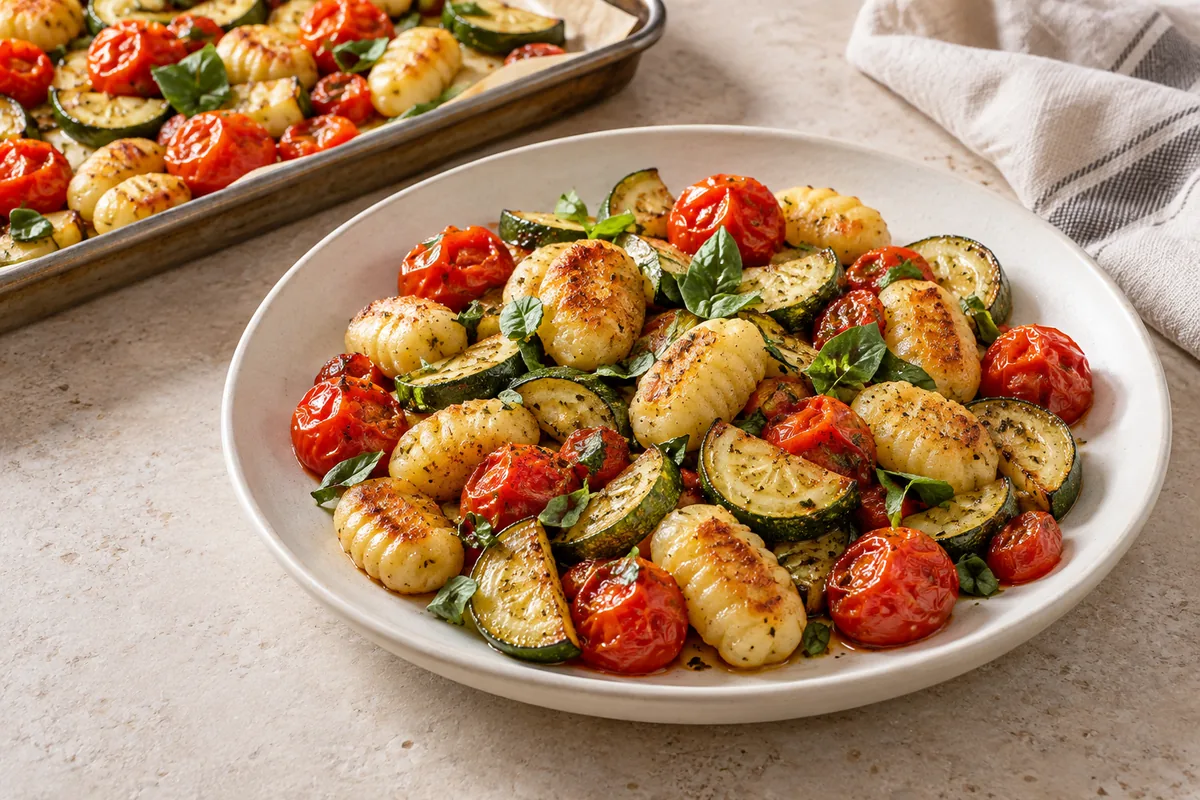 Roasted gnocchi with zucchini, cherry tomatoes and basil on an ivory plate