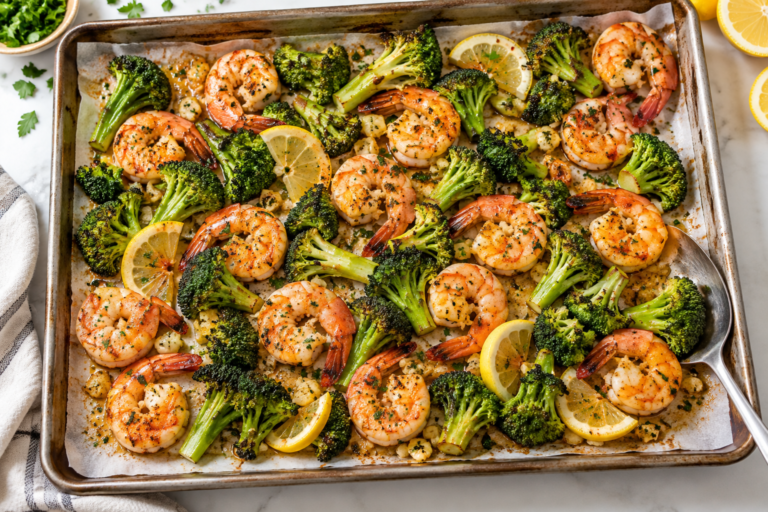 Roasted shrimp and broccoli with lemon wedges on a sheet pan