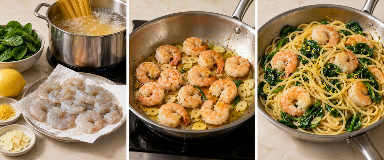 AI-illustrated preparation stages for Shrimp Spinach Pasta Without Cream