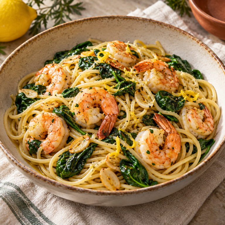 AI illustration of shrimp spinach pasta no cream