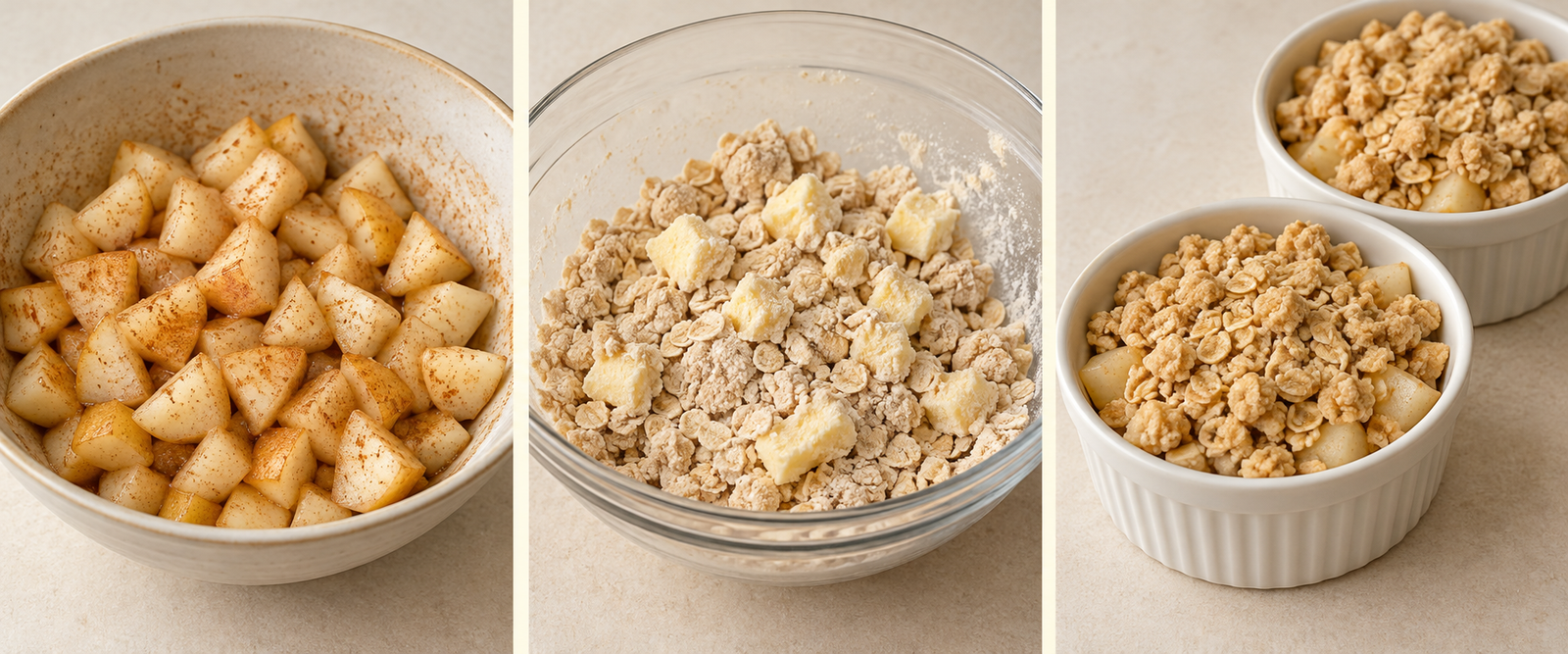 AI-illustrated preparation stages for Small Batch Pear Crisp for Two