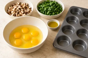 Six eggs, chopped mushrooms and spinach beside a muffin pan