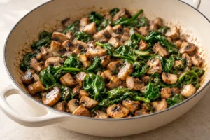 Cooking mushrooms and spinach in a skillet until excess liquid evaporates