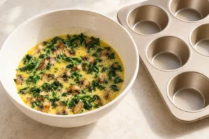 Egg mixture with cooked spinach and mushrooms ready for the muffin cups