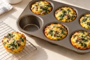 Fully baked egg muffins in the pan with one cooling on a rack