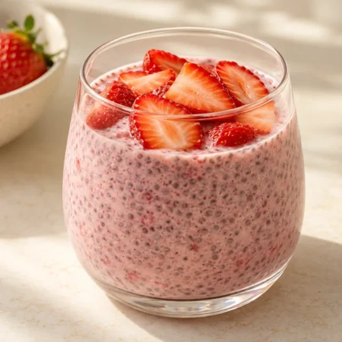 Chilled pink strawberry chia pudding with reserved strawberry slices