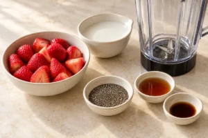 Prepared strawberries, milk, chia, maple syrup and vanilla beside a blender