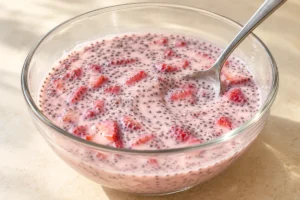 Stirring chia seeds into strawberry milk with reserved berry pieces