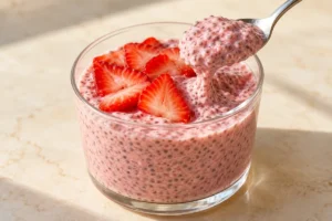 Spoonful of hydrated strawberry chia pudding after chilling