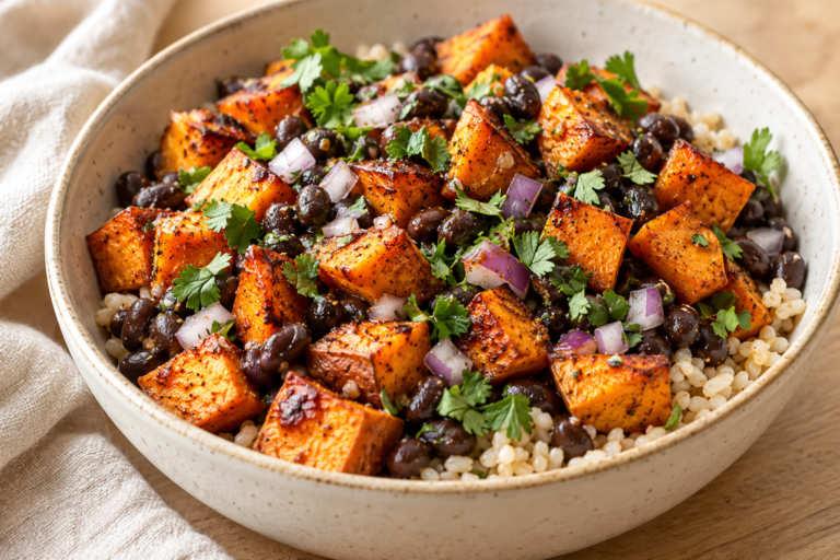 Roasted sweet potato and black beans served in a grain bowl
