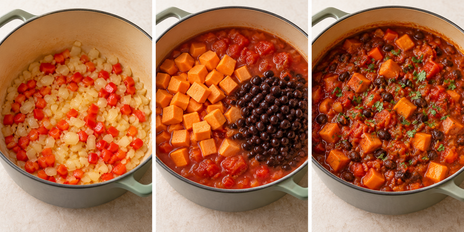AI-illustrated preparation stages for Sweet Potato Black Bean Chili