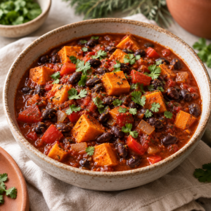 AI illustration of sweet potato black bean chili
