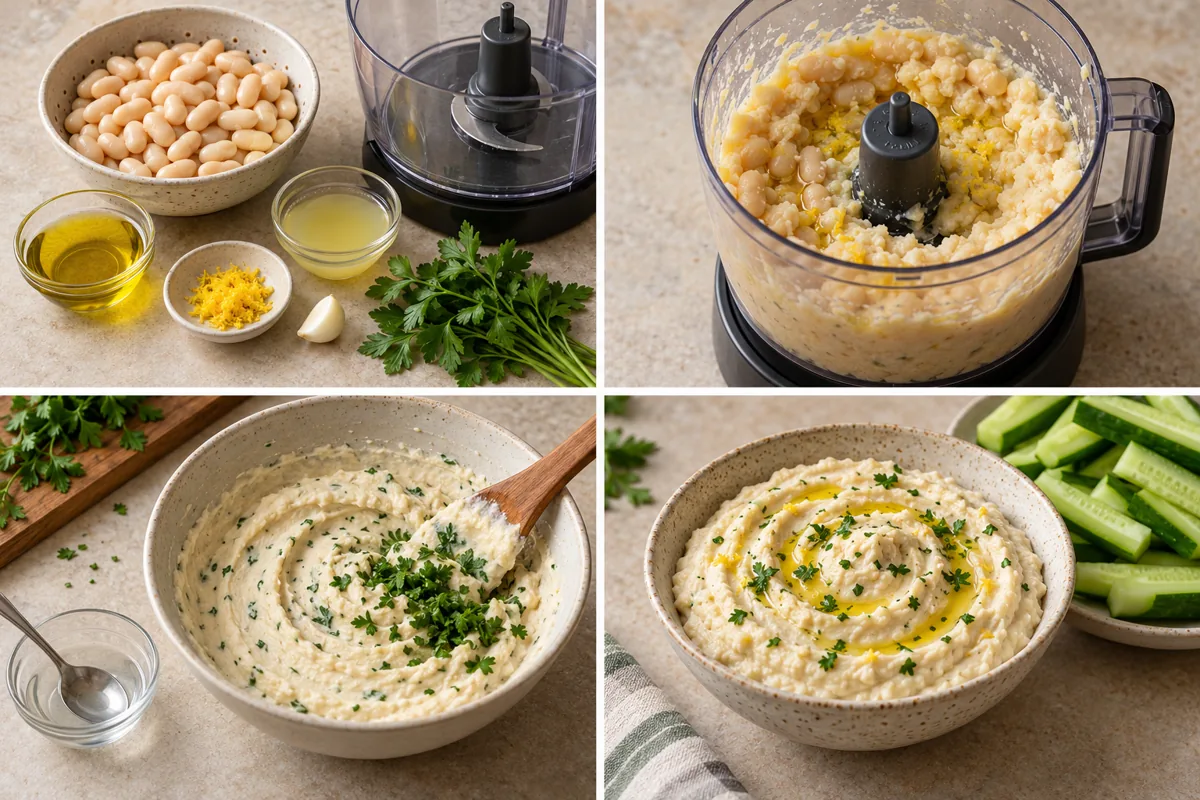 Four-stage preparation illustration for White Bean Dip Without Tahini