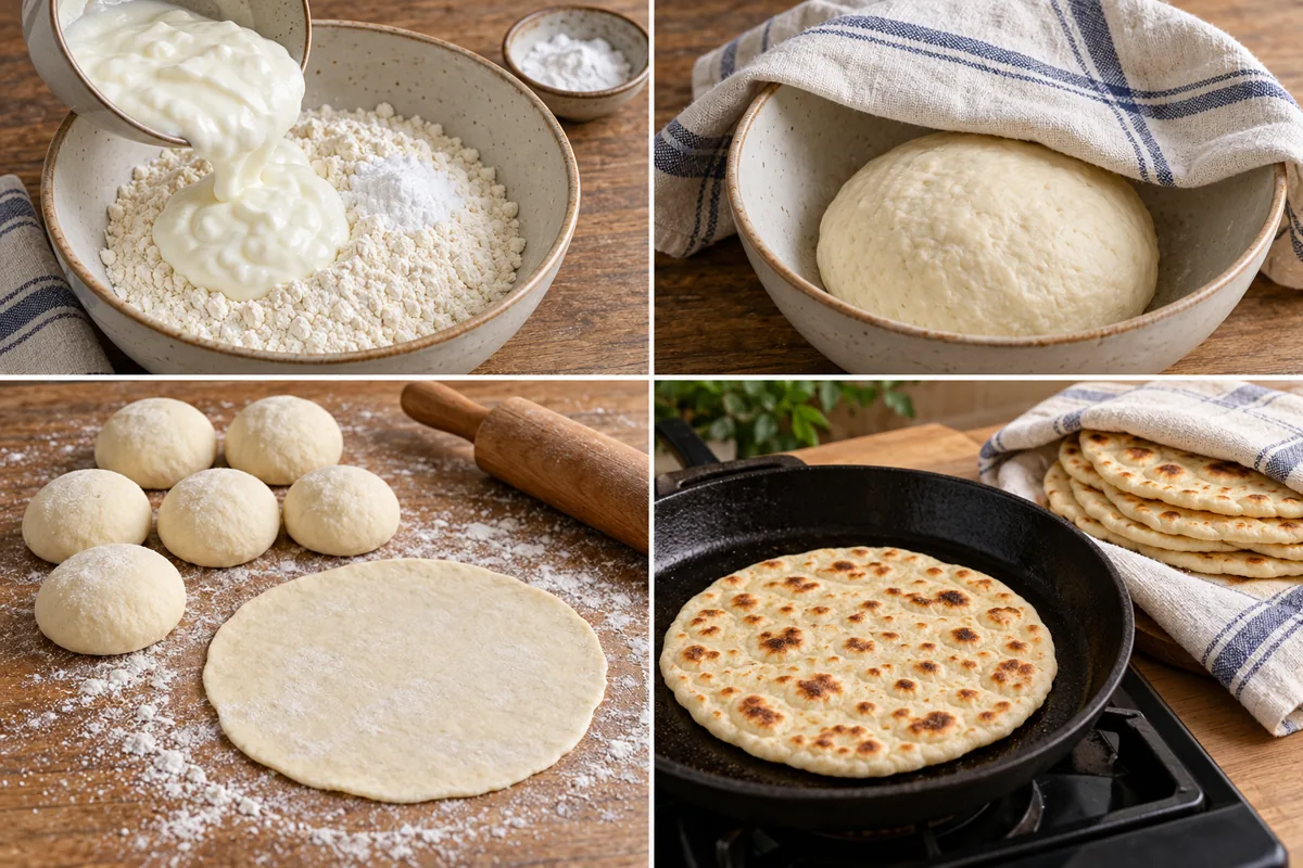 Four-stage preparation illustration for Yogurt Flatbread Without Yeast
